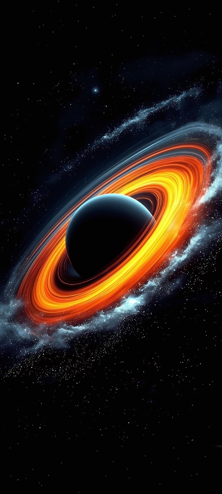 暗い球体がオレンジ色の光輪に囲まれ、壮大な宇宙の奇観を示している