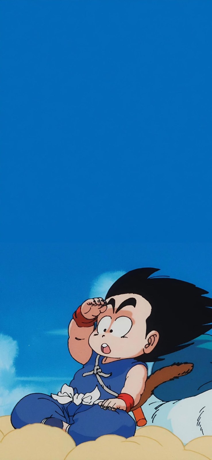A boy with black hair sits on a cloud wearing a blue martial arts uniform, gazing into the distance