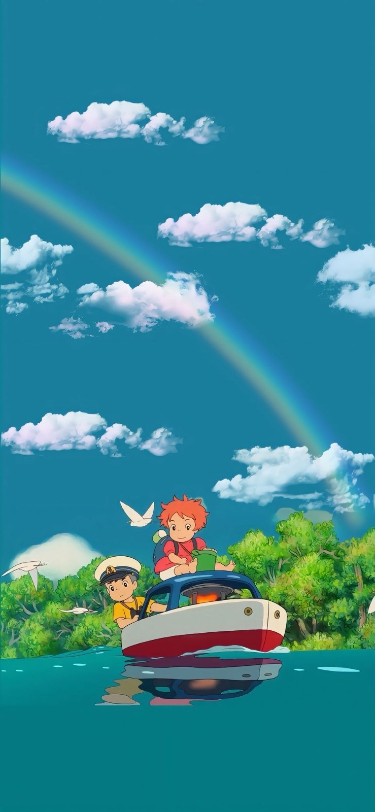 Two children sail on a toy boat, a boy steers while a girl holds a bucket