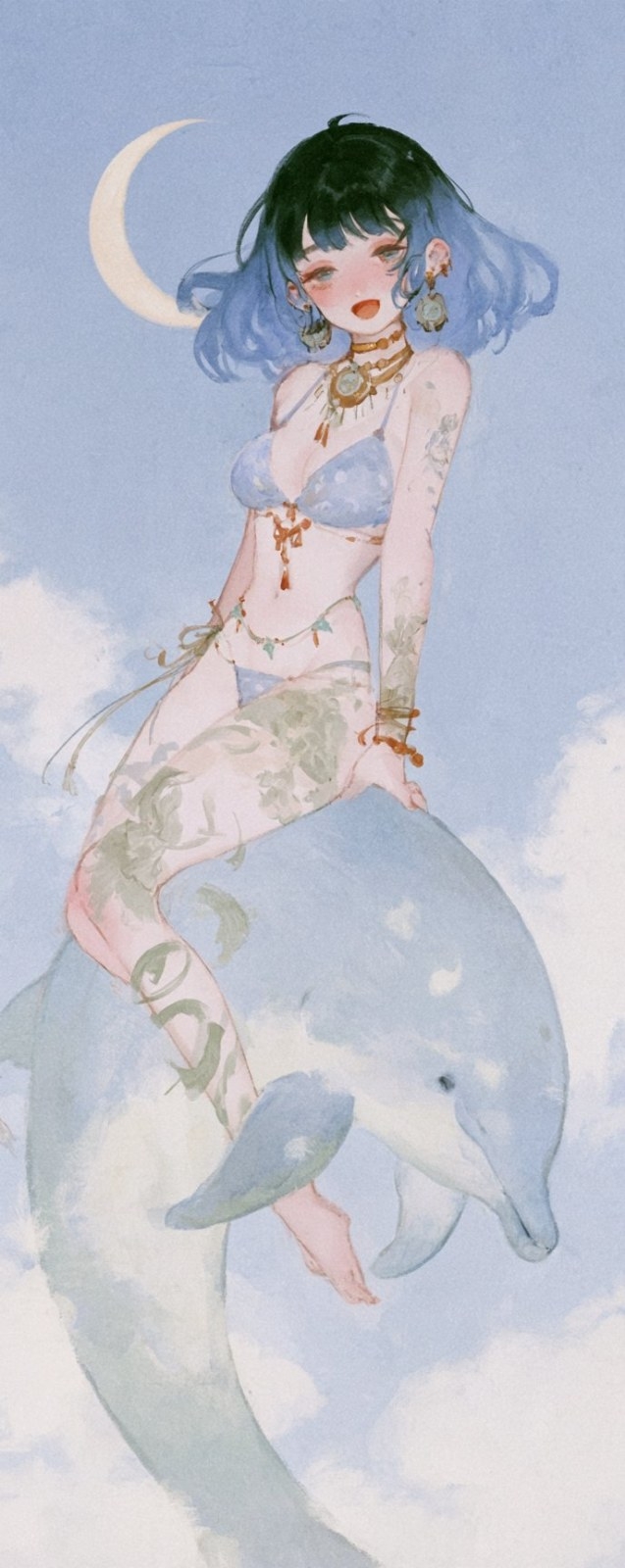 A girl in a light purple bikini sits on a dolphin