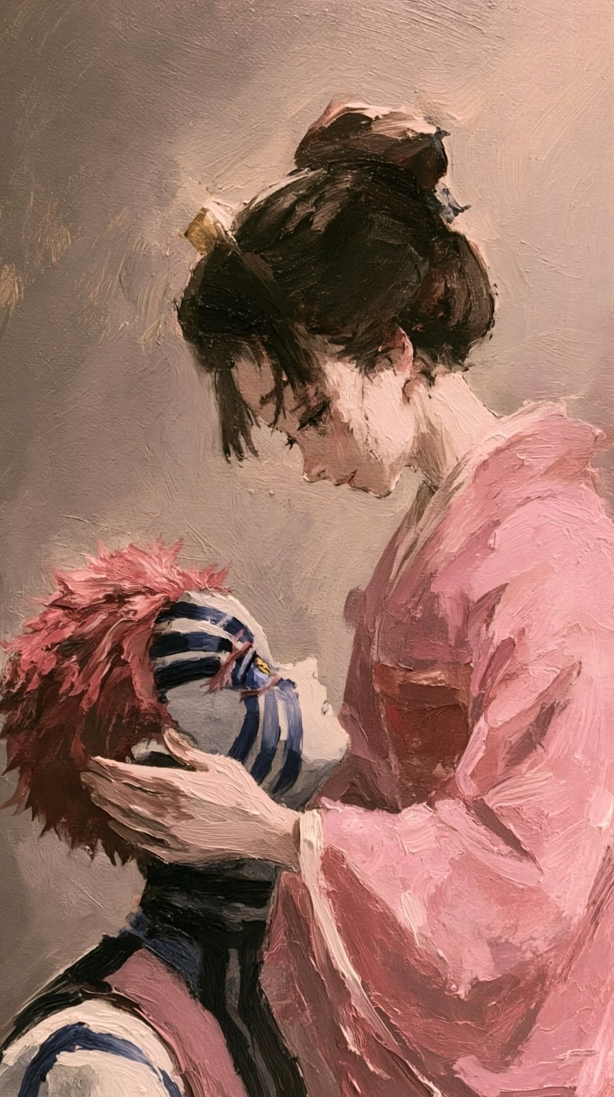 An oil painting close-up depicting a woman in a pink kimono