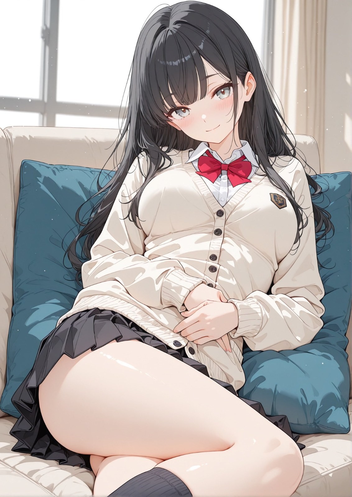 A black-haired anime girl sits on a sofa wearing a white shirt and a red bow