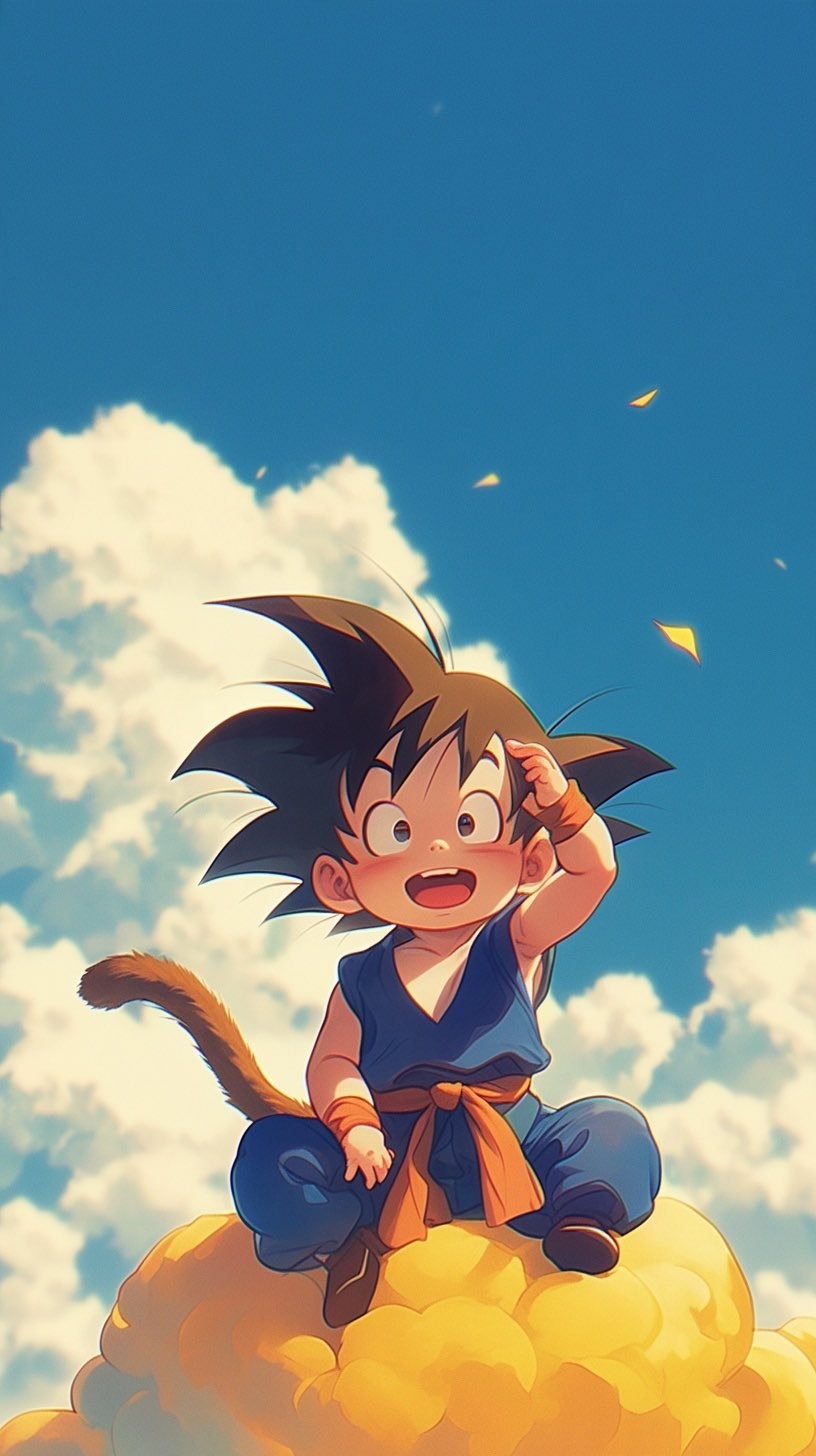 A cartoon boy in a blue sleeveless martial arts outfit is sitting on a cloud