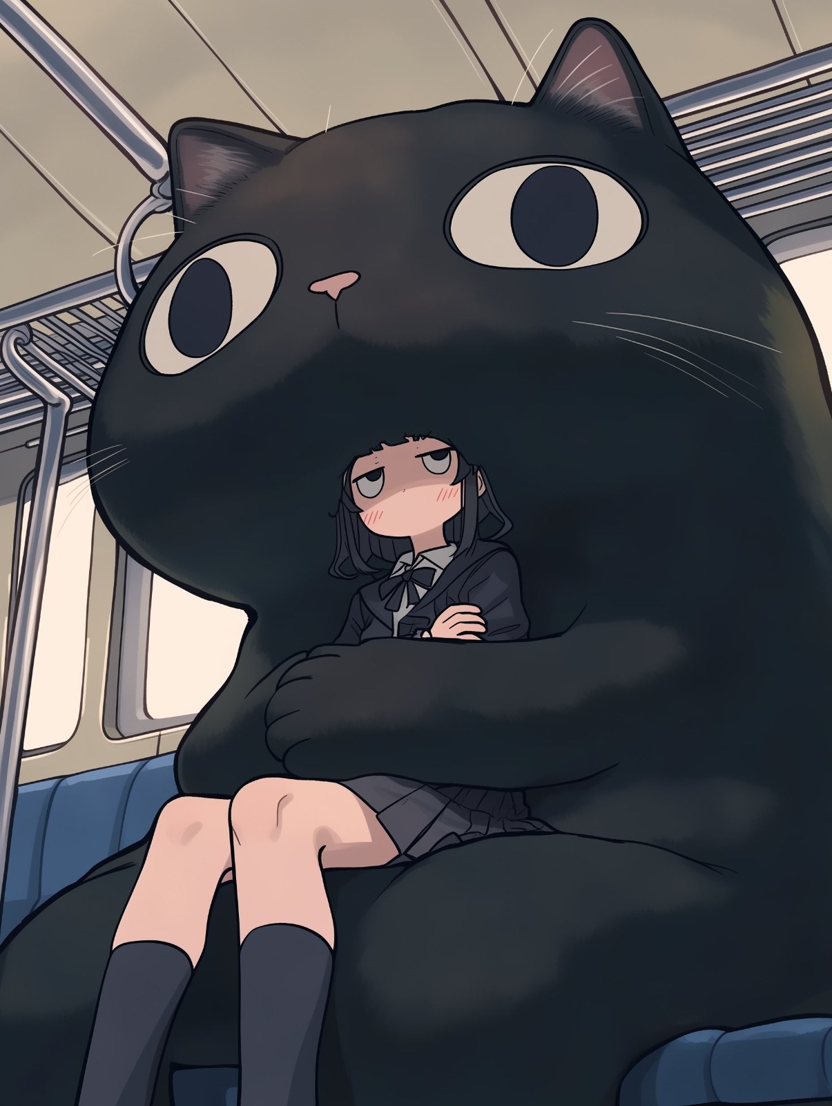 A black cat hugs a girl in a short skirt