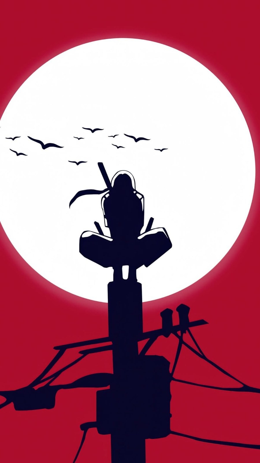 Under a crimson sky, a mysterious figure sits atop a utility pole
