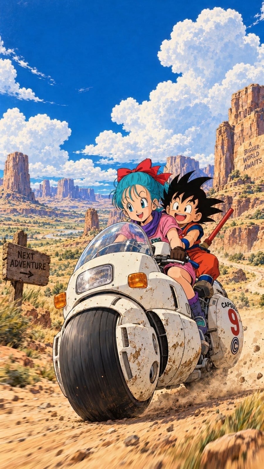 A blue-haired girl and a black-haired boy ride a futuristic unicycle motorcycle through a desert canyon