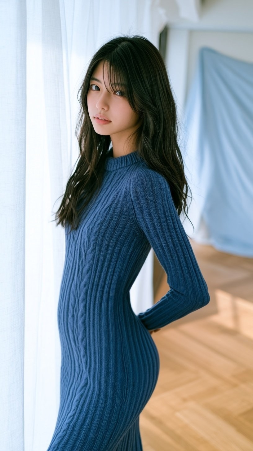 젊은 여성이 다크 블루 터틀넥 니트 원피스를 입고 측면에 서 있다