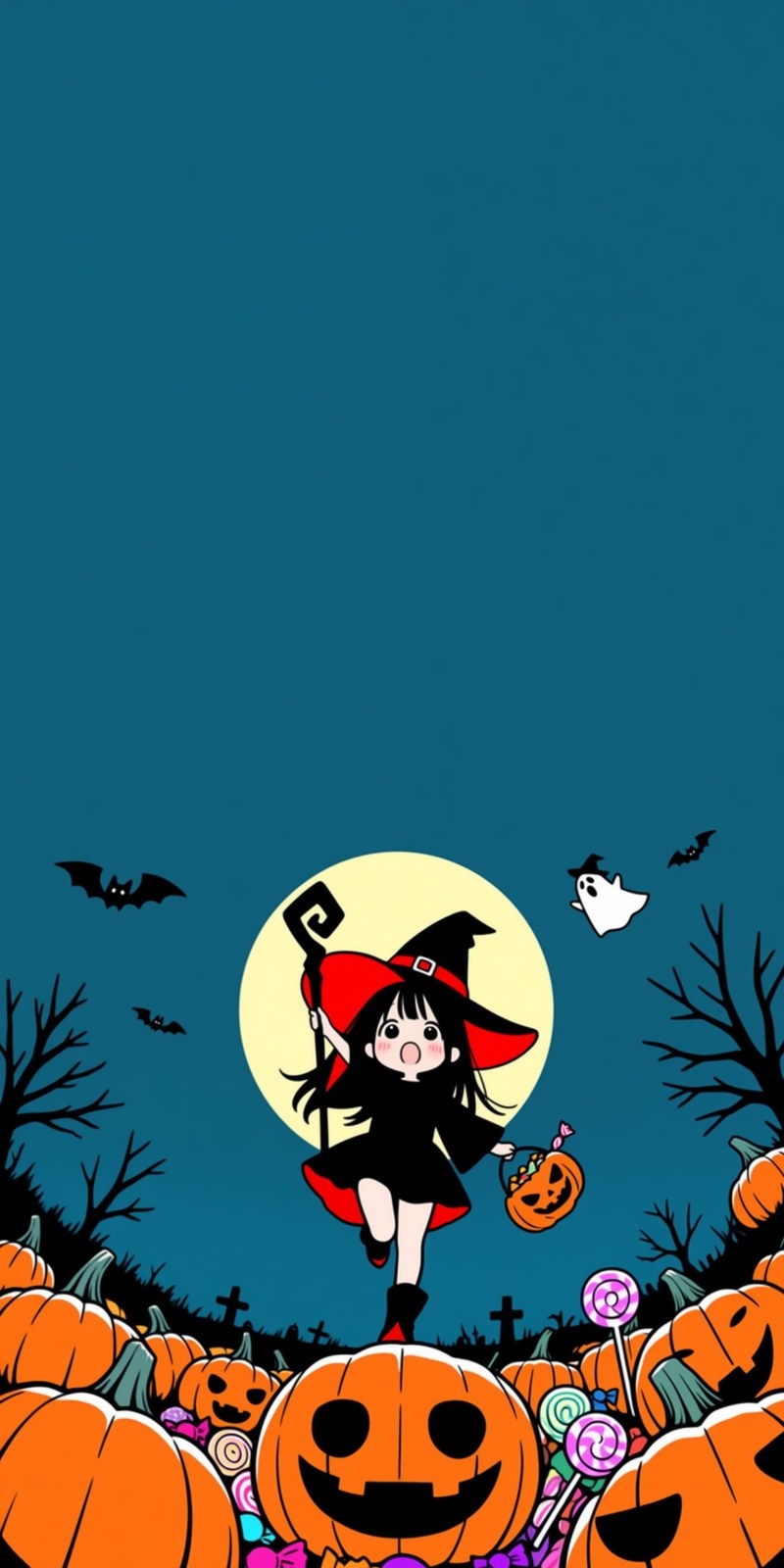 A girl in a black witch dress holds a magic wand and a pumpkin candy bucket