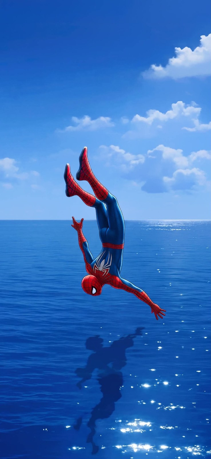 A superhero in a red and blue suit is diving towards the ocean