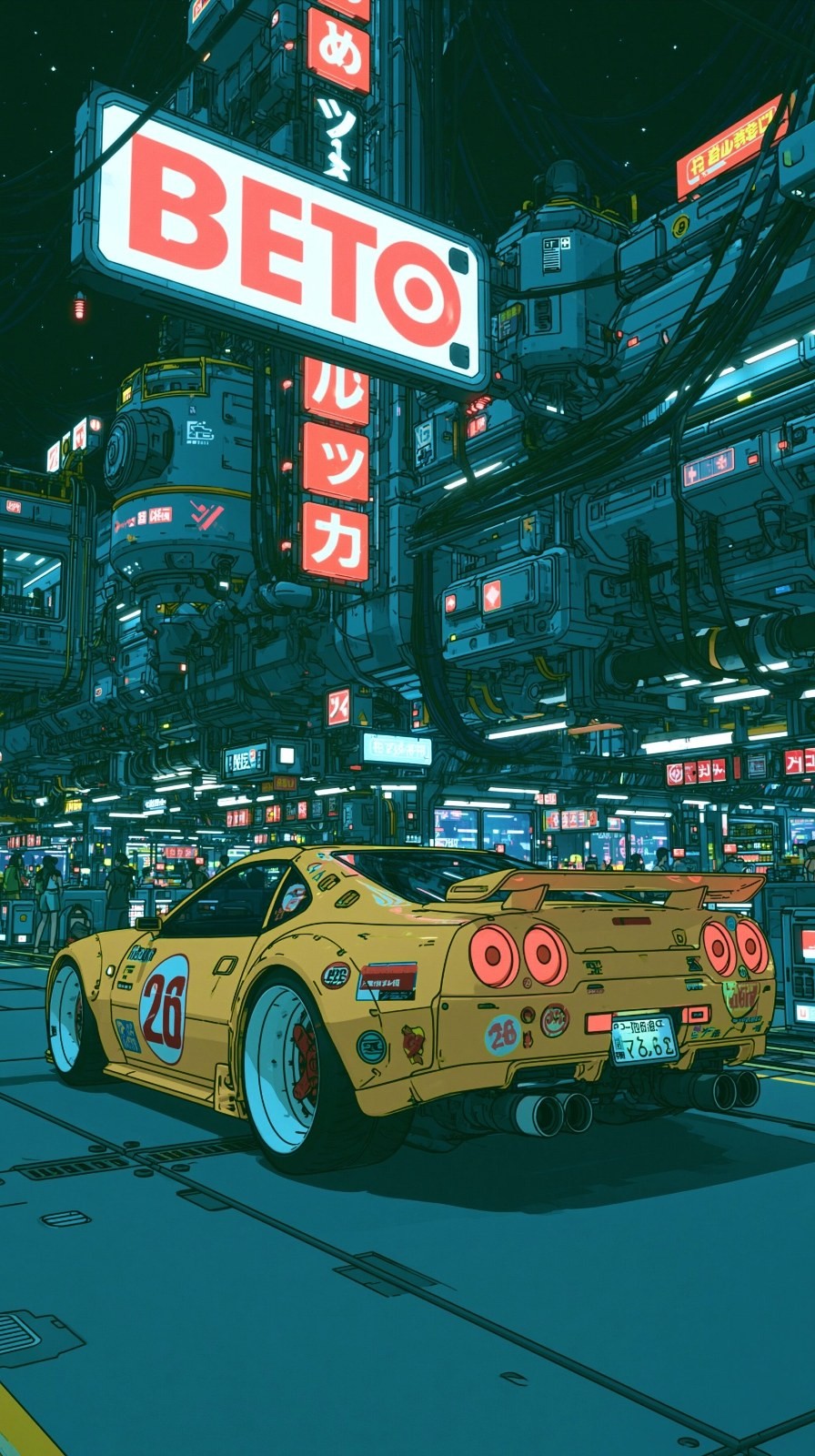 Um carro esportivo modificado amarelo brilhante está estacionado em uma rua de estilo cyberpunk
