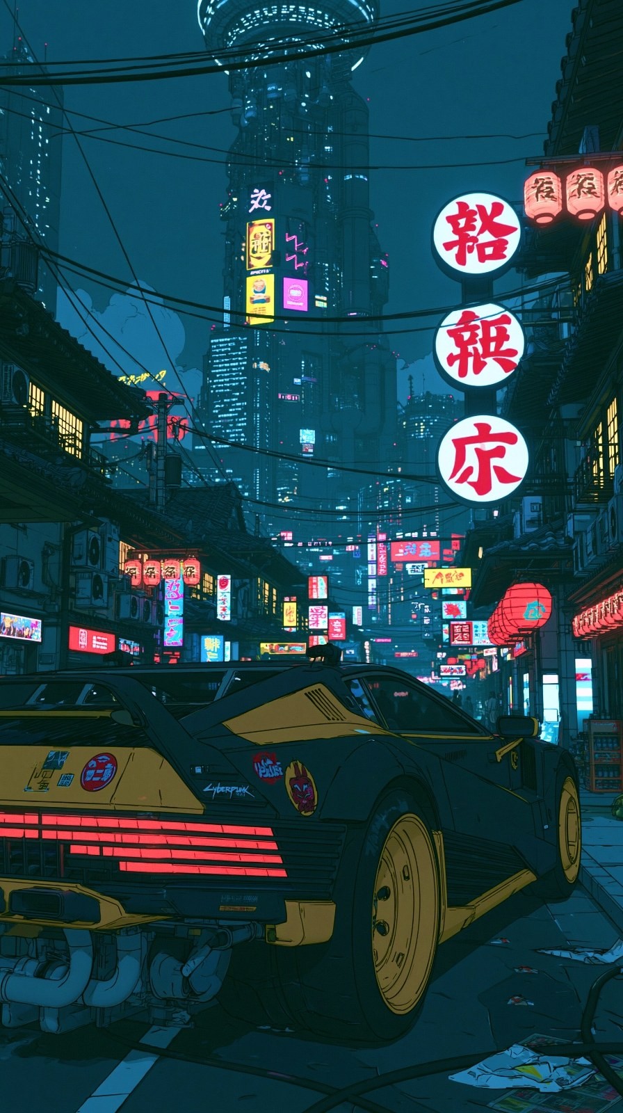Um carro esportivo de estilo cyberpunk está estacionado em um beco urbano à noite
