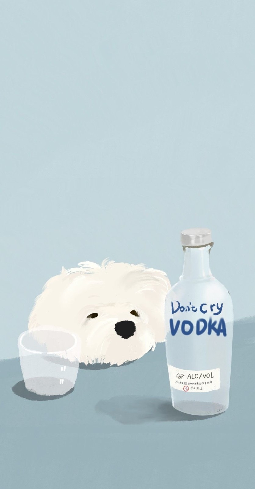 There is a puppy and a bottle of vodka in the center