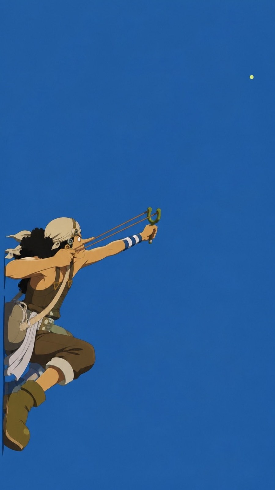 A male character is aiming with a green slingshot in an anime-style illustration