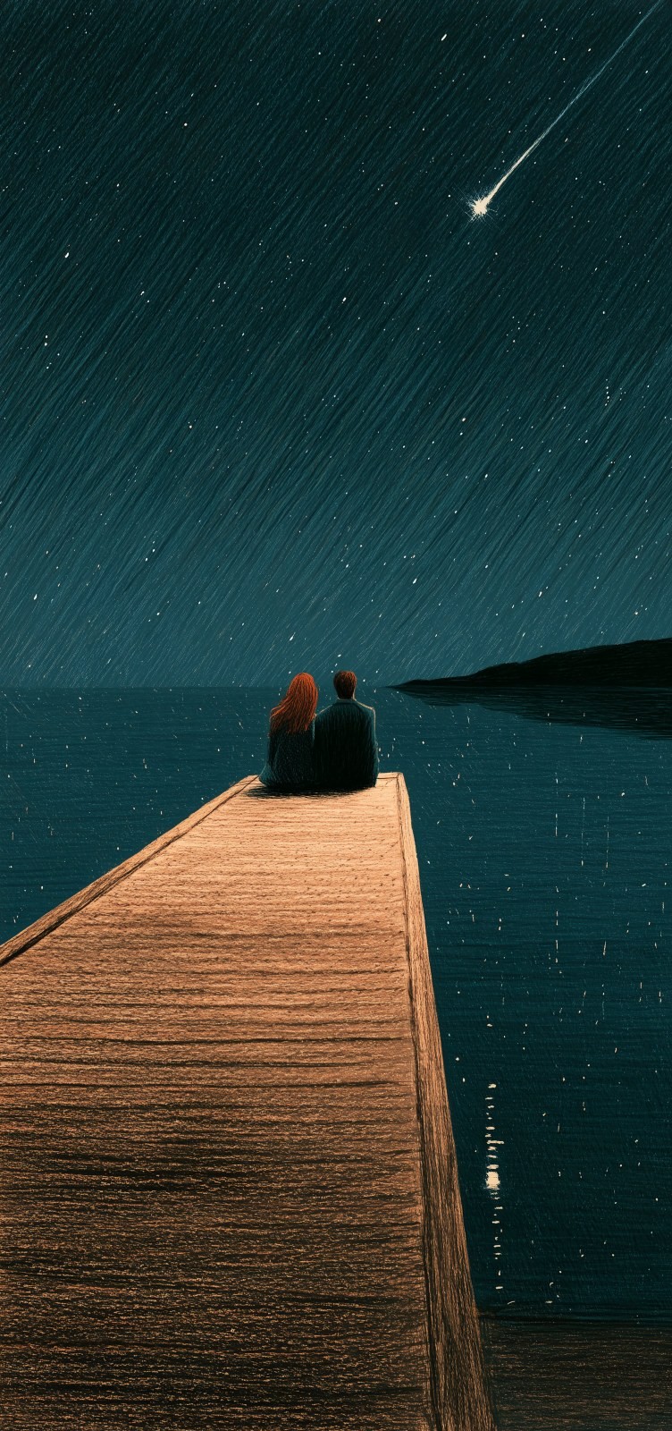 A couple sits at the end of a pier looking up at the starry sky