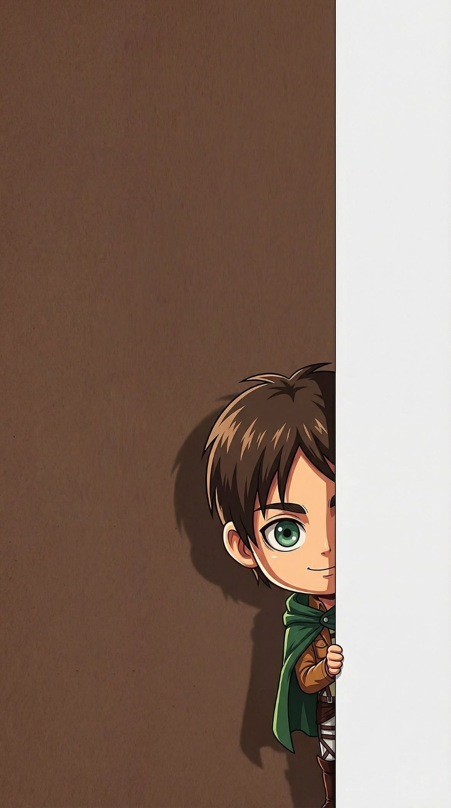 A chibi-style boy peeks out from a wall, smiling and looking around