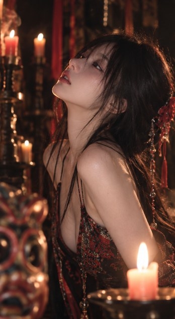 A woman with black hair in a dark red embroidered dress is captivated by the candlelight