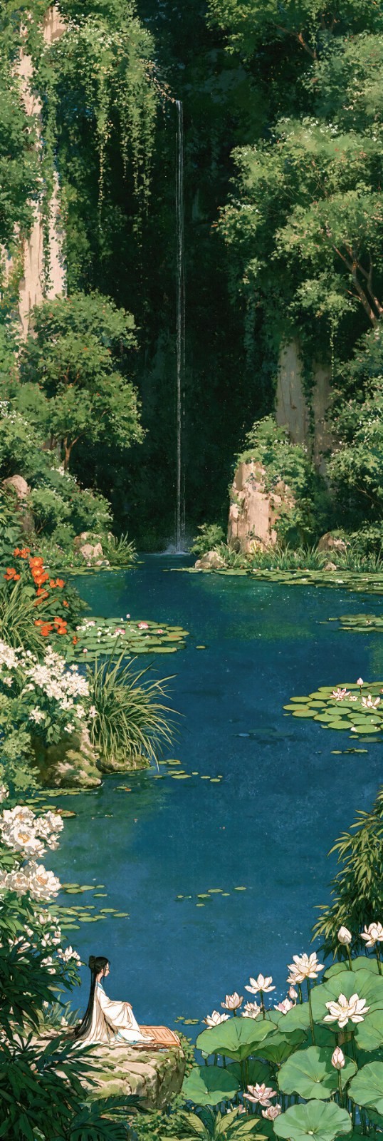 The image shows a figure in a white robe sitting by a deep blue mountain pond