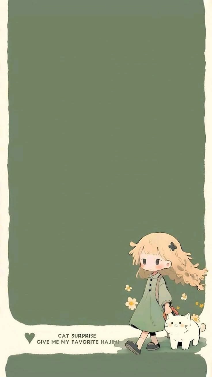 The scene features a blonde girl and a white cat walking gently against a gray-green background