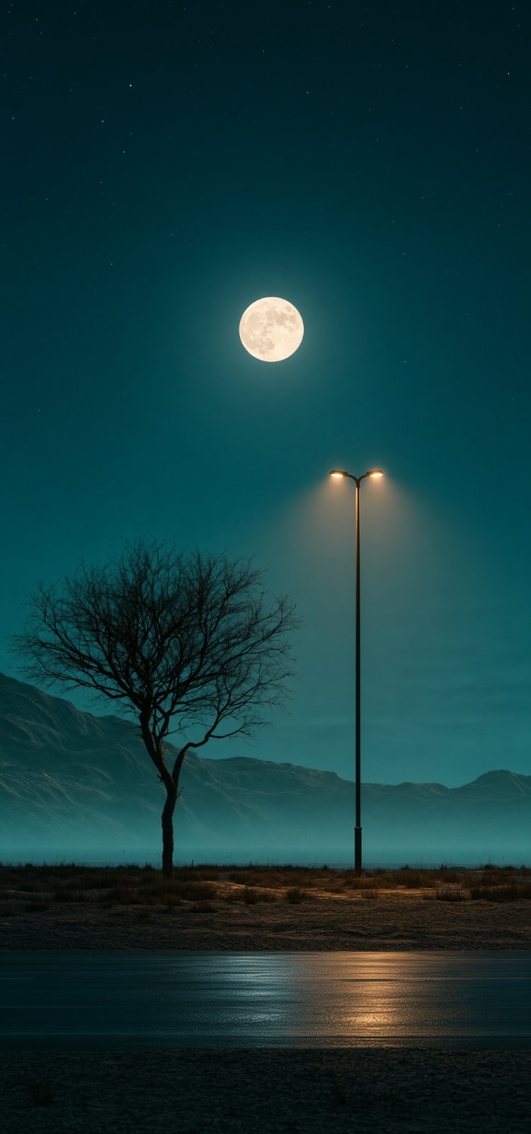 Under the night sky, the full moon creates a surreal and lonely scene with a bare tree and a street lamp