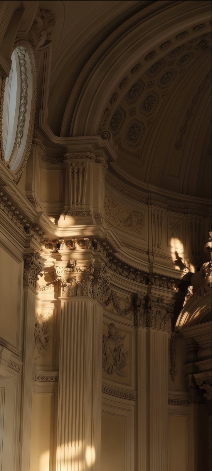 Interior dome and Corinthian colonnade of classical building shot from below