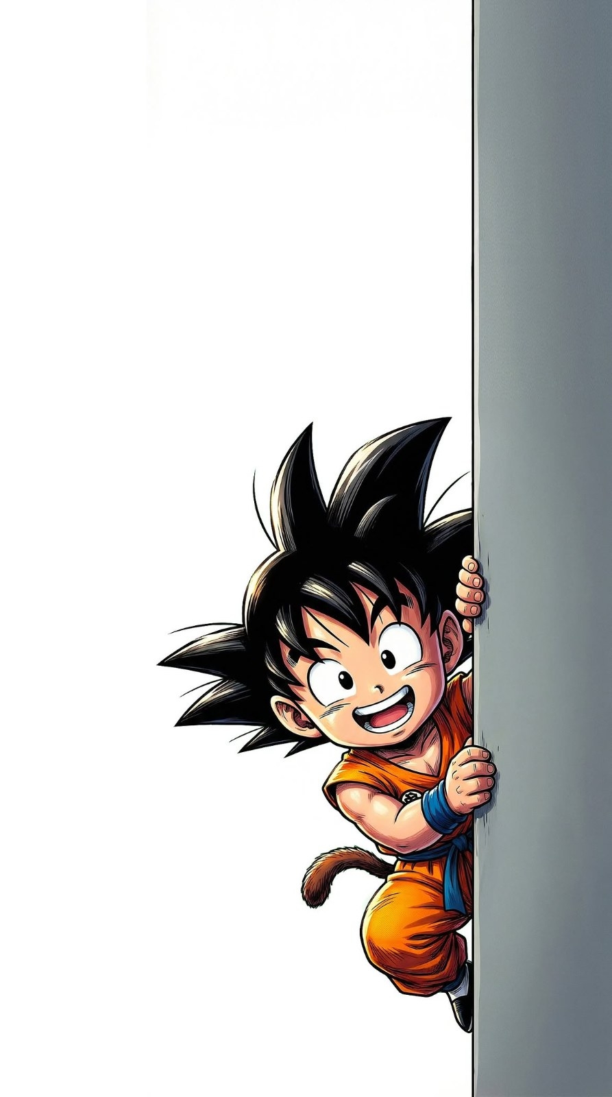 A cartoon boy with a black hedgehog head in an orange martial arts outfit peeks out from behind a wall