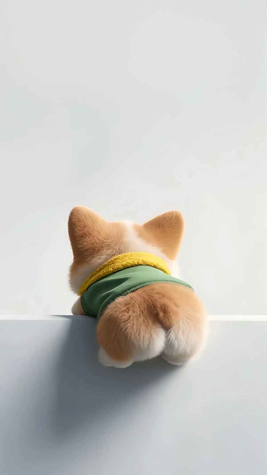 茶色と白色の毛の子犬が草緑色の服を着ています
