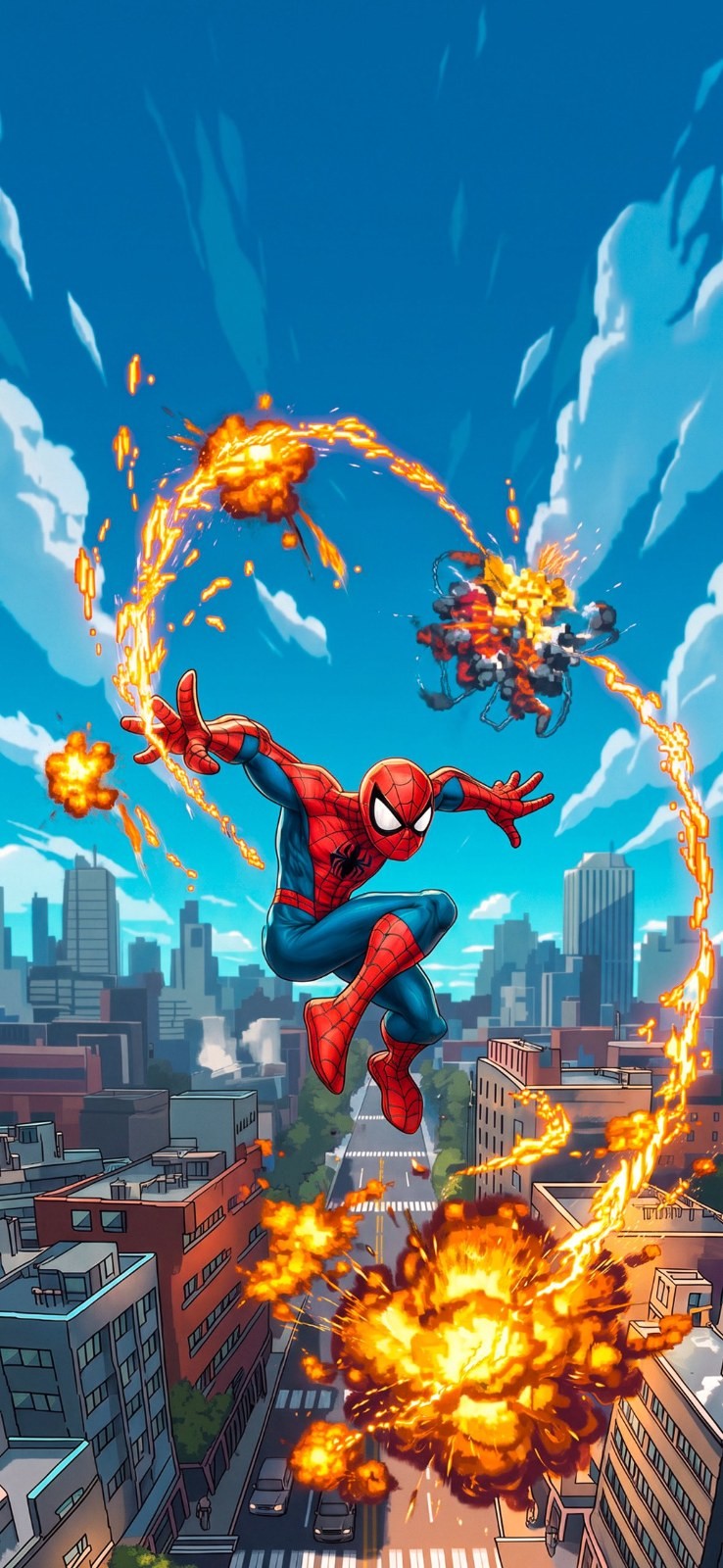 Spider-Man battles in the city sky surrounded by orange flames