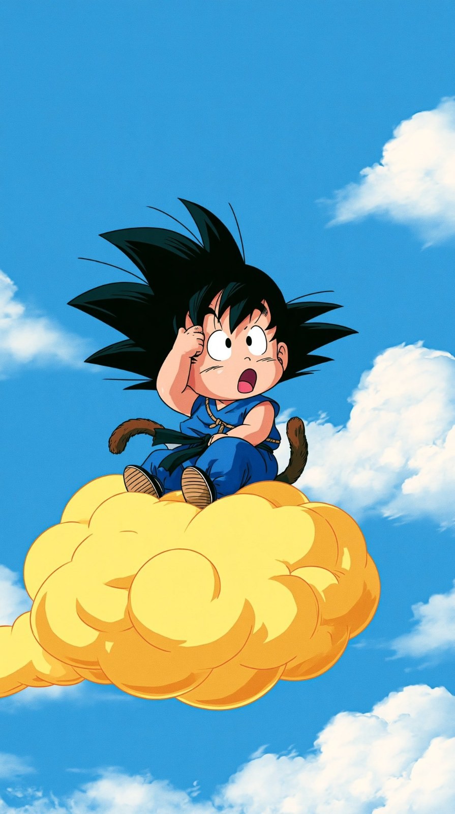 A boy in a blue martial arts outfit sits on a cloud, exuding an adventurous atmosphere