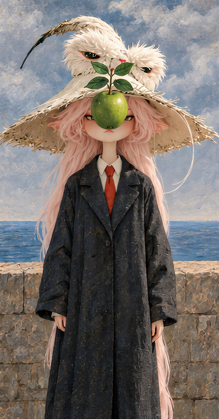 Un personnage aux longs cheveux roses portant un chapeau blanc orné d'un oiseau de proie et un manteau en tweed sombre se tient devant un fond marin