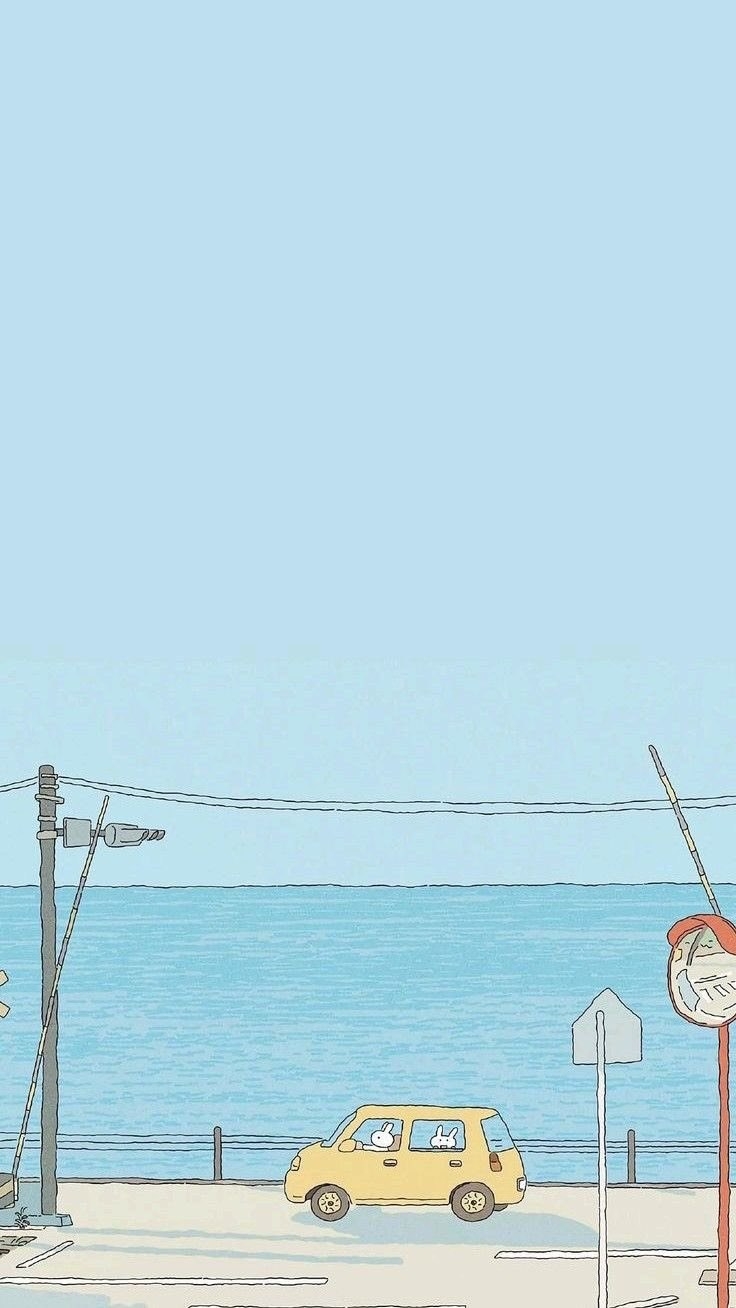 The seaside illustration features a light yellow car and two white rabbits