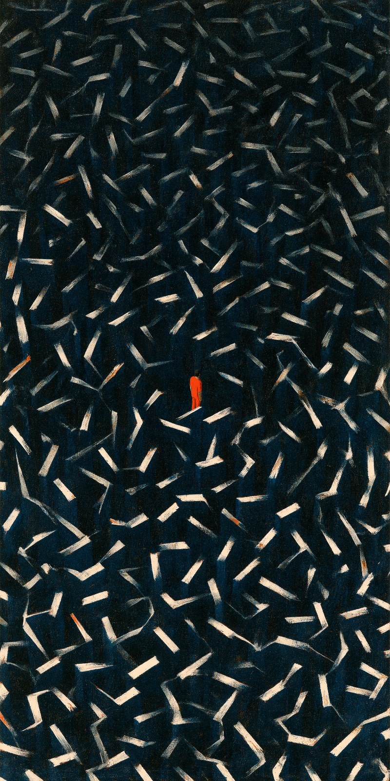 On a deep blue background, a figure in a red outfit stands in an abstract maze