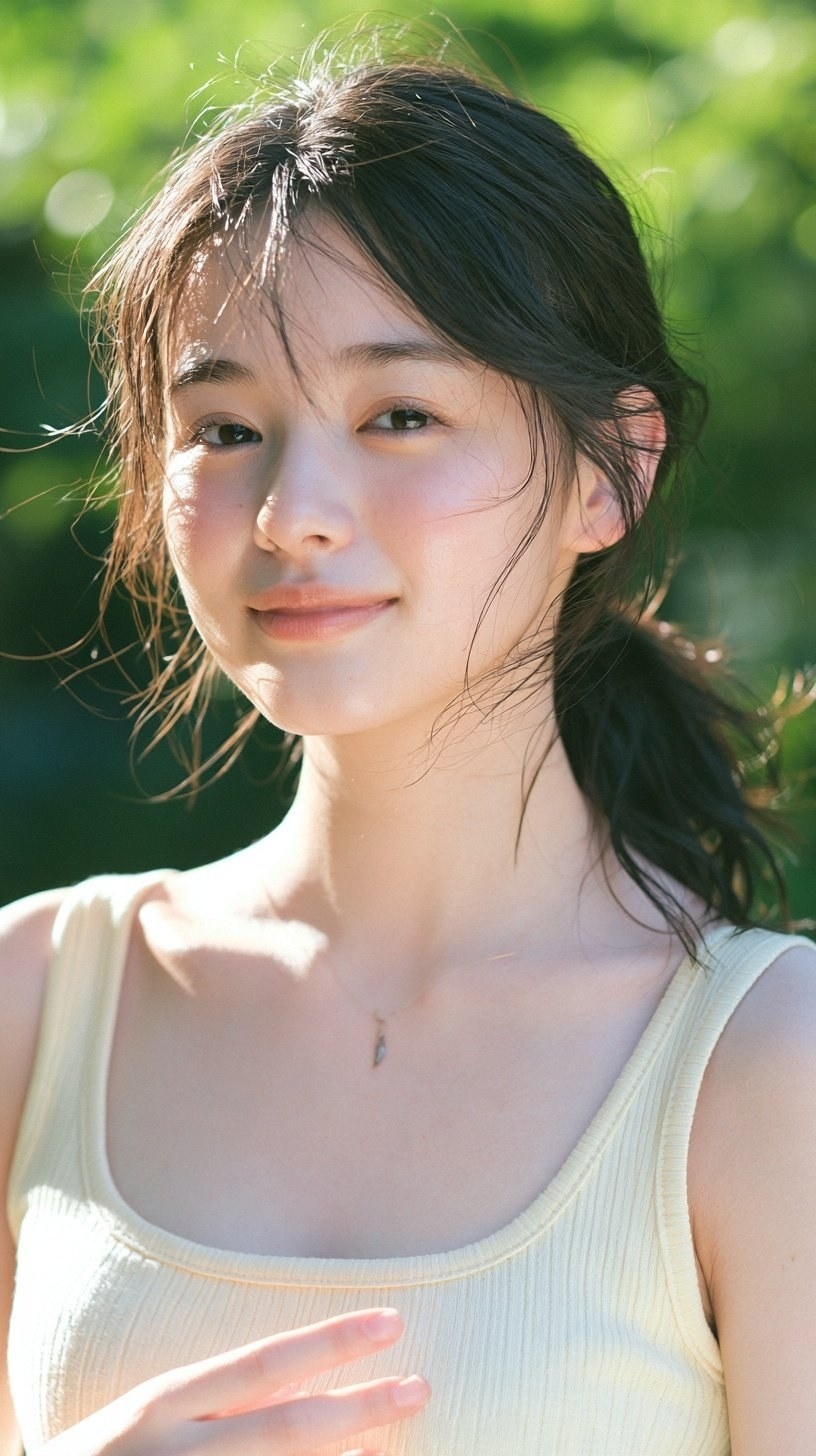 A young woman is wearing a cream sleeveless knit top with loose black hair and a delicate necklace