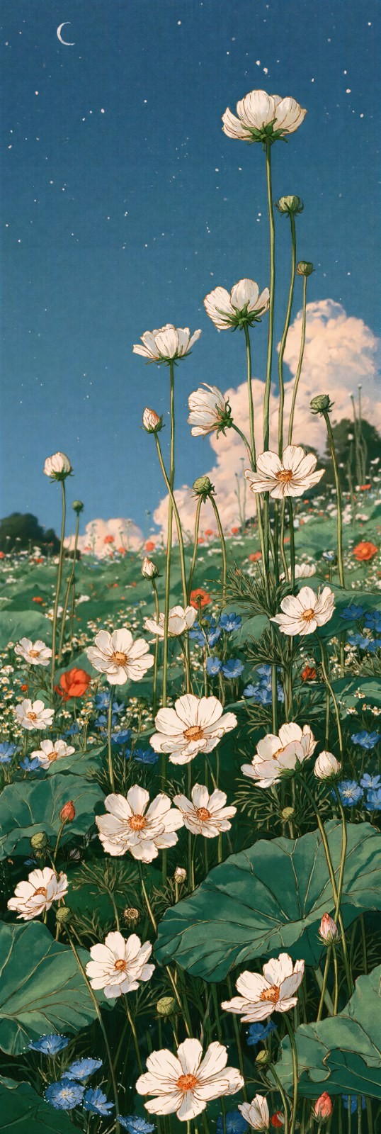 The low-angle view of the flower field showcases the dreamlike combination of white cosmos and the fresh blue sky