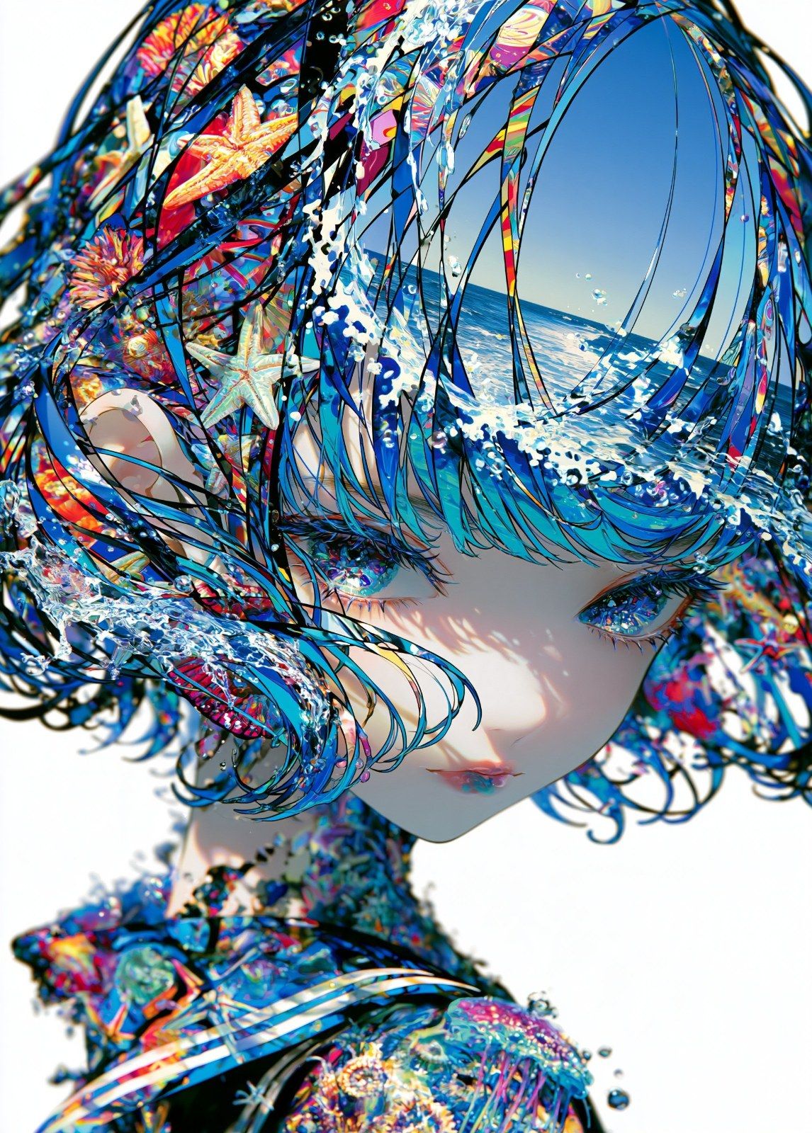 This is a surrealistic illustration featuring the profile of an anime girl with drooping eyelids and blue hair