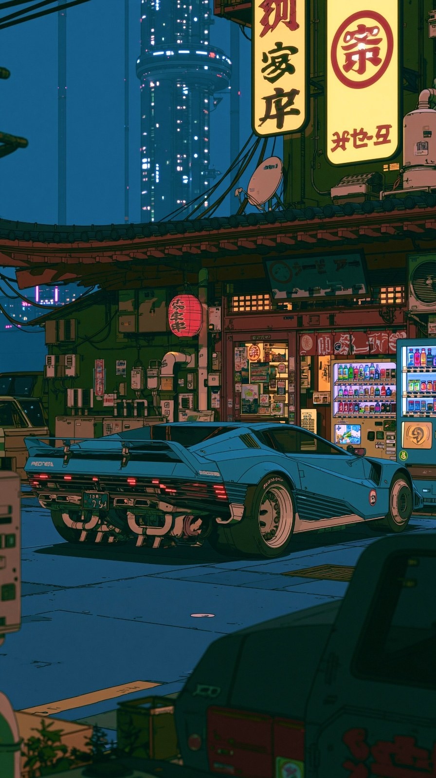 Um carro esportivo retro azul está estacionado em frente a uma mercearia em uma esquina de rua cyberpunk na noite azul profunda