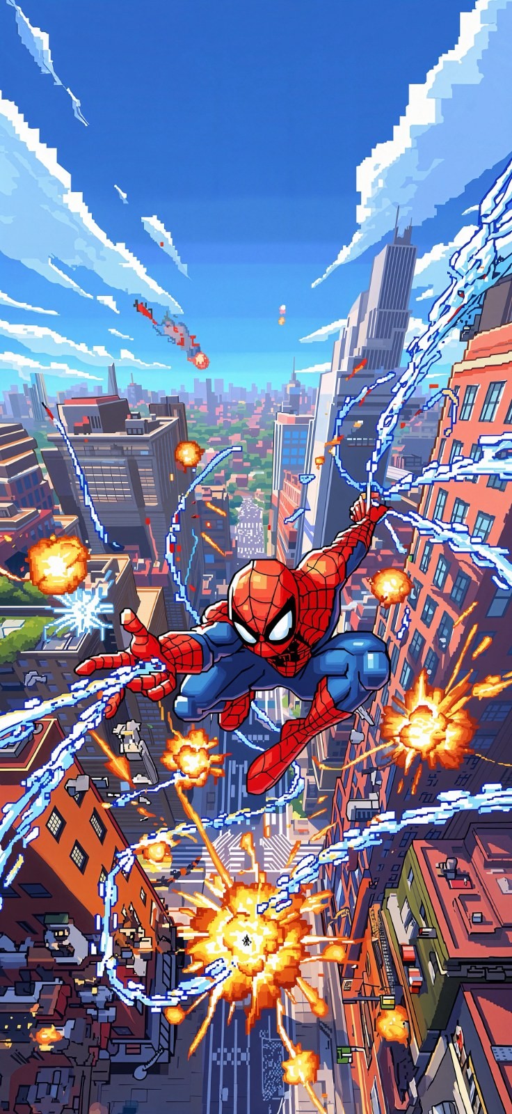 Pixel art style Spider-Man is leaping over the city