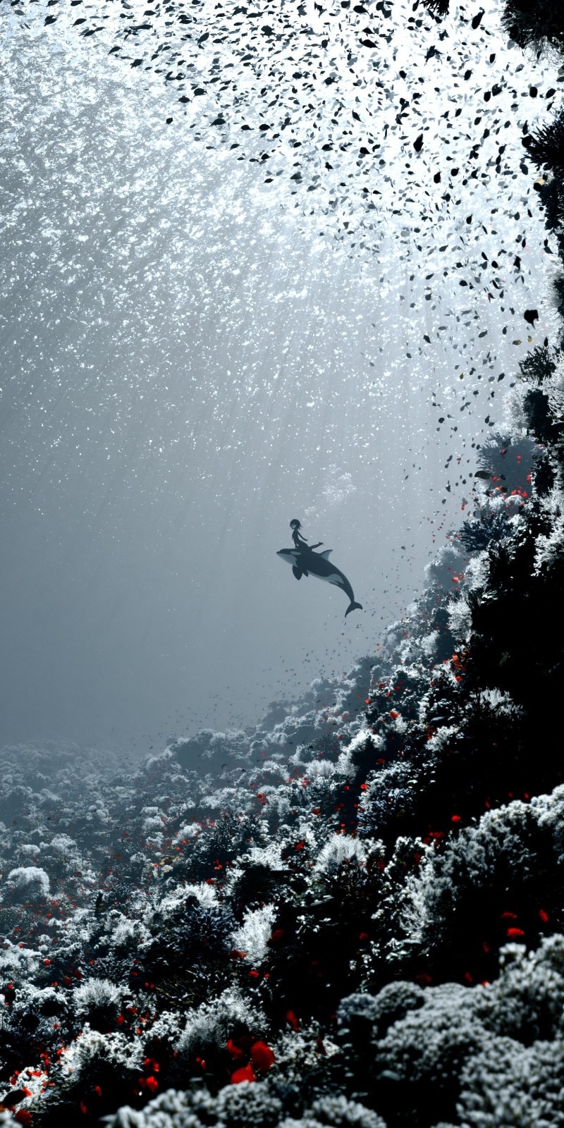 In the deep sea, a person rides a killer whale