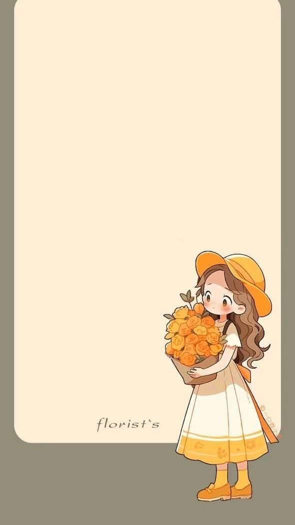 The image features a cartoon girl holding a bouquet of orange and yellow flowers