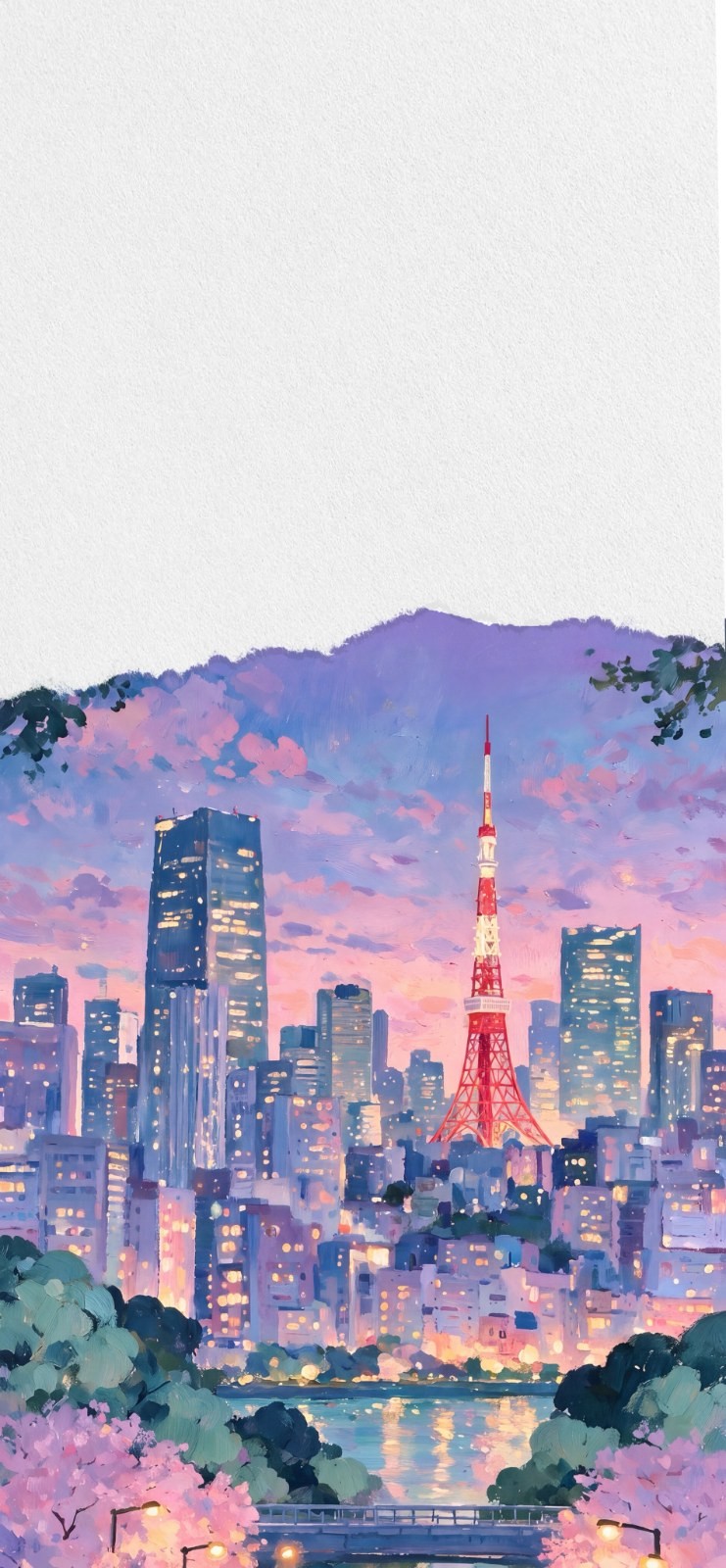 A hand-drawn style panoramic view of the city at dusk featuring Tokyo Tower and modern skyscrapers