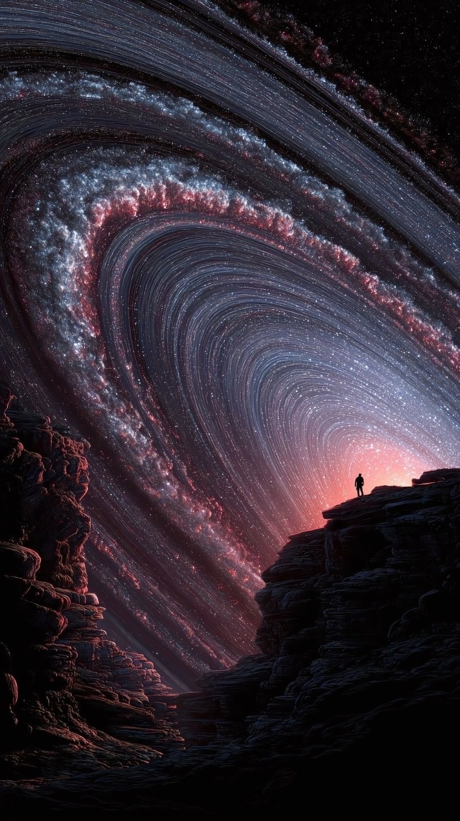 孤独な影が崖の端に立ち、星のトンネルを見上げている