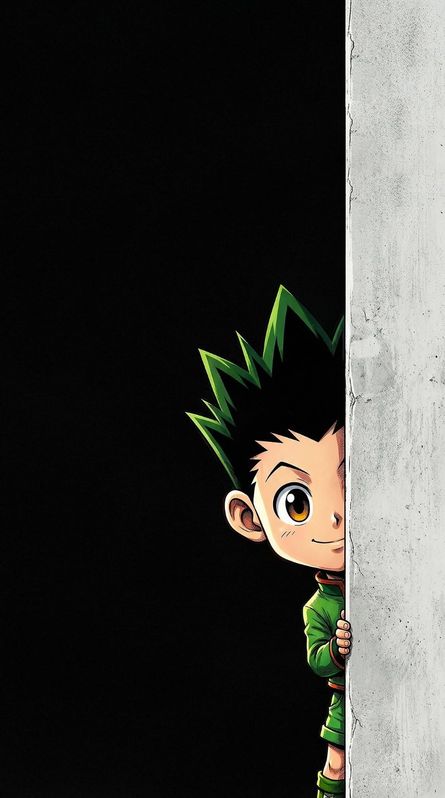 A green-haired boy peeks out from behind a concrete wall with a lively expression