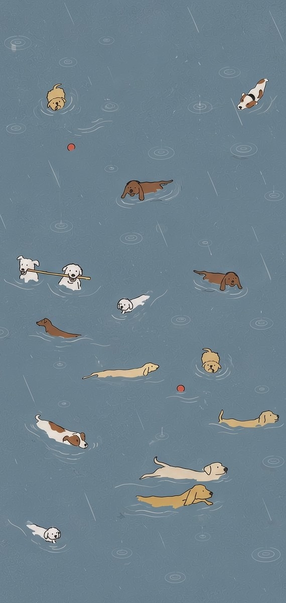 Several puppies of different colors are swimming and playing on the water surface