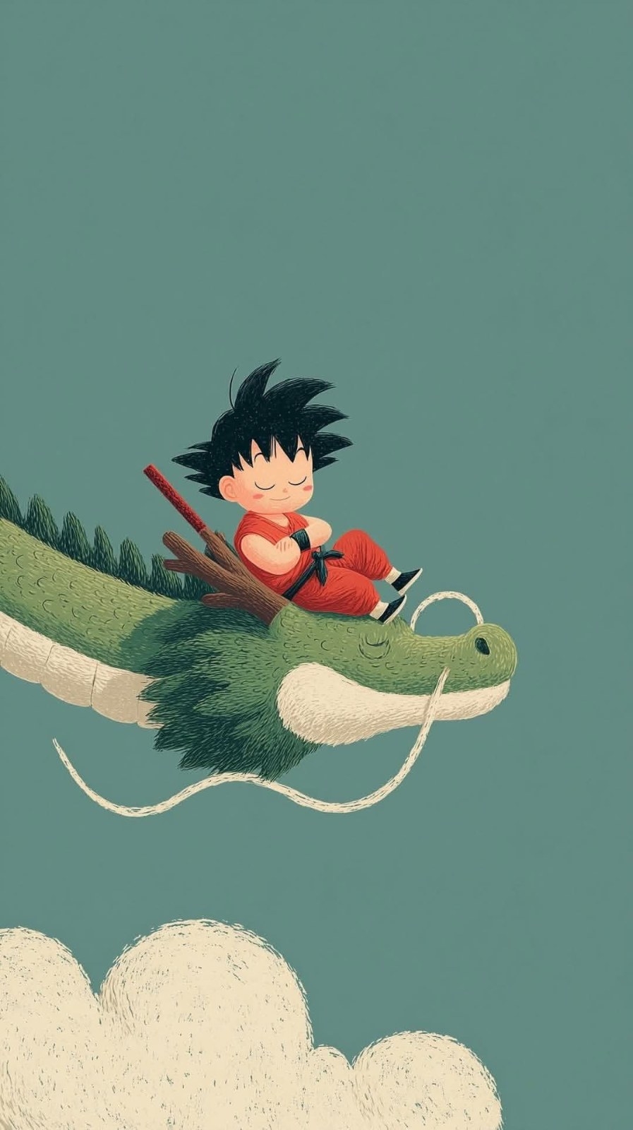 Boy with spiky black hair in red gi with black belt and staff sits eyes closed arms crossed on green dragon's head
