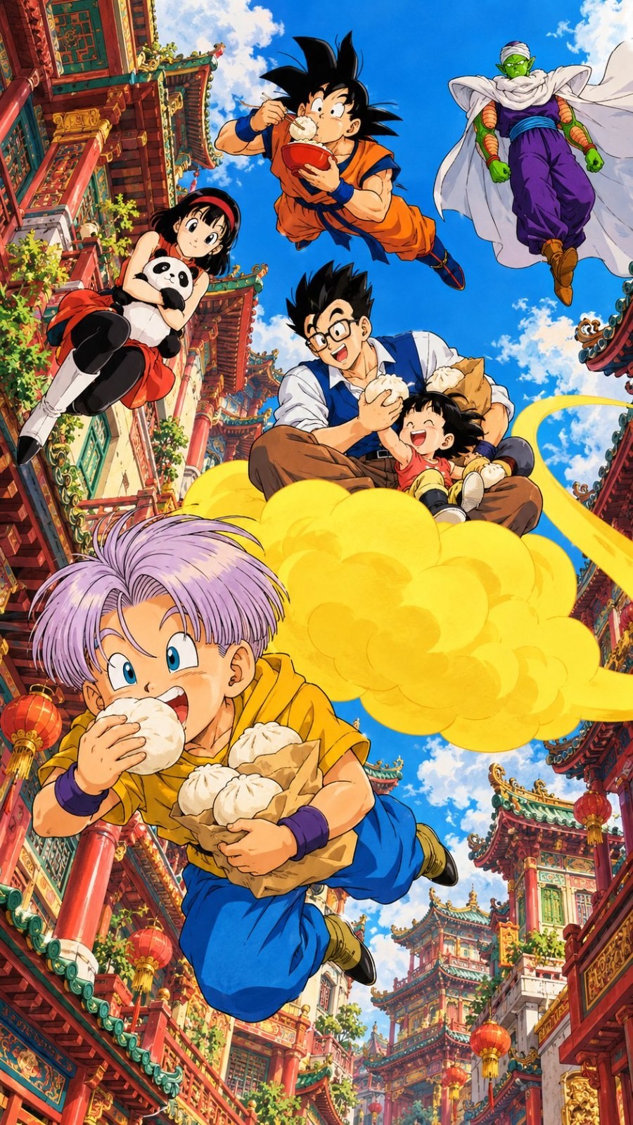 A group of anime characters flying above traditional Chinese architecture