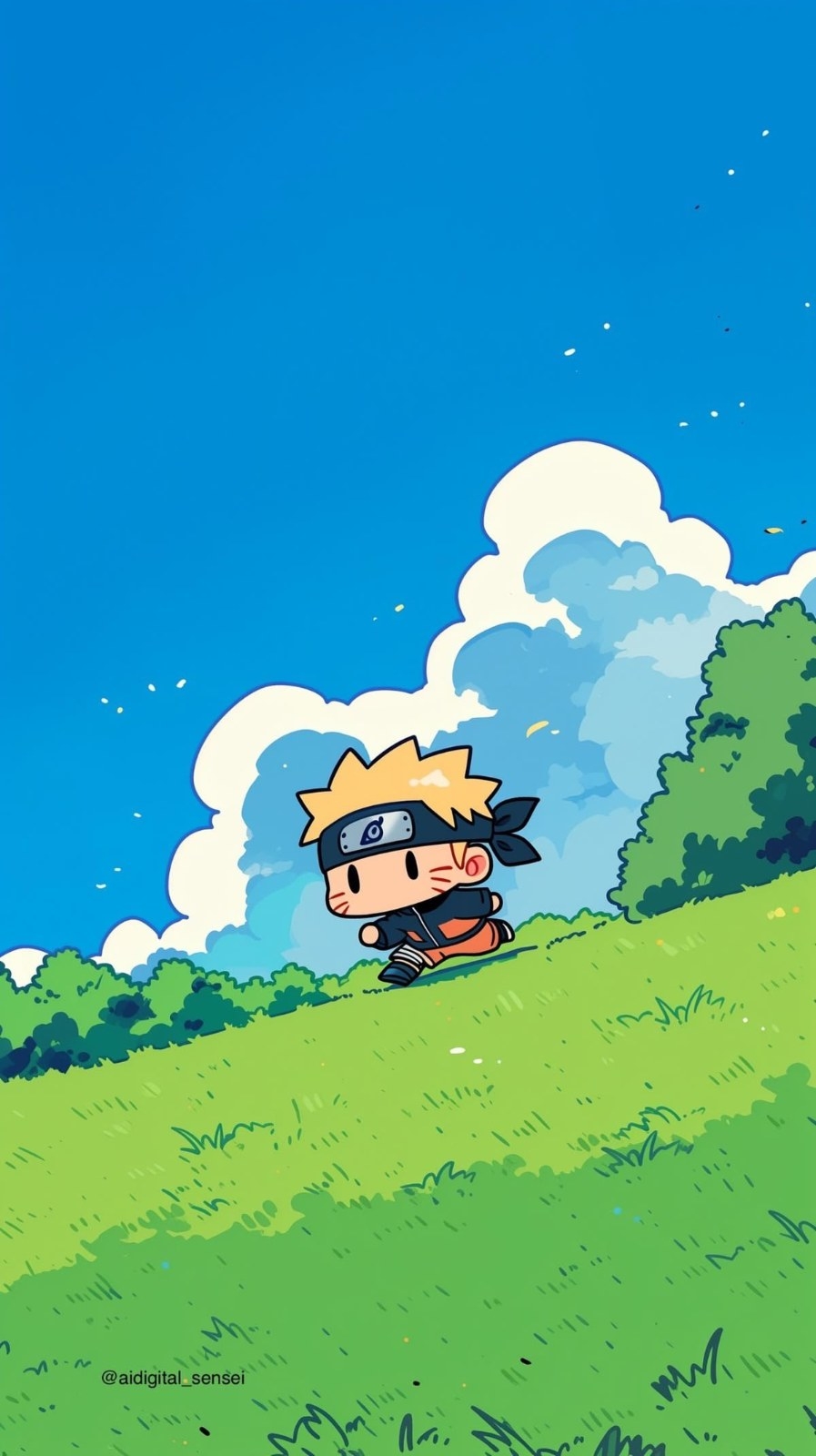 The illustration features a blonde character running on a grassy slope