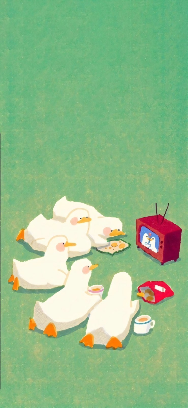 Five white cartoon ducks gather around a small red TV