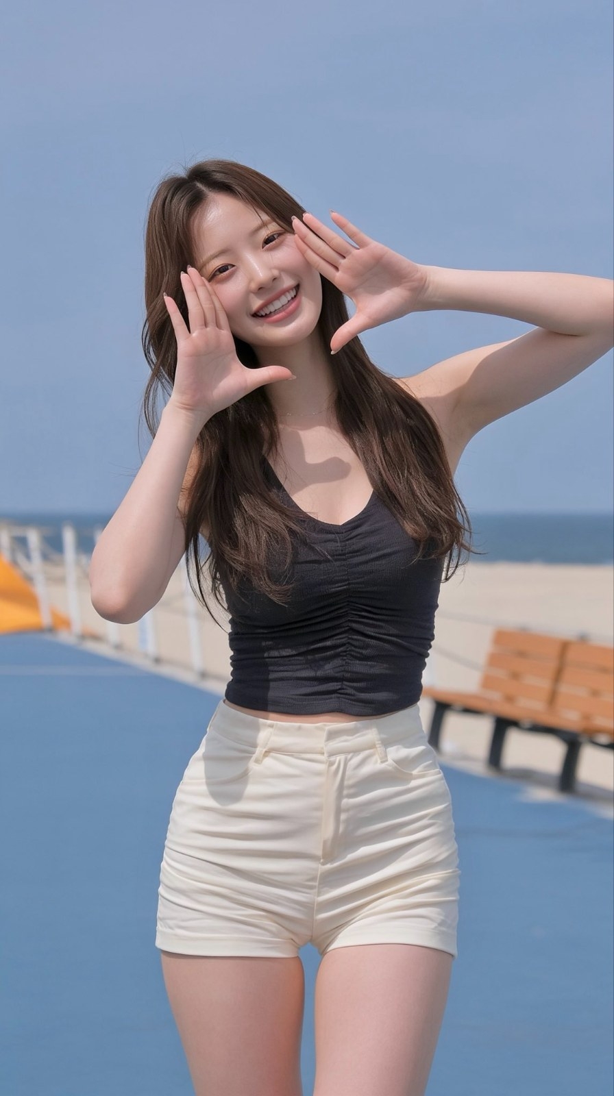 Mulher de cabelo longo com colete preto sem mangas plissado e shorts de cintura alta off-white posa emoldurando o rosto em calçadão à beira-mar