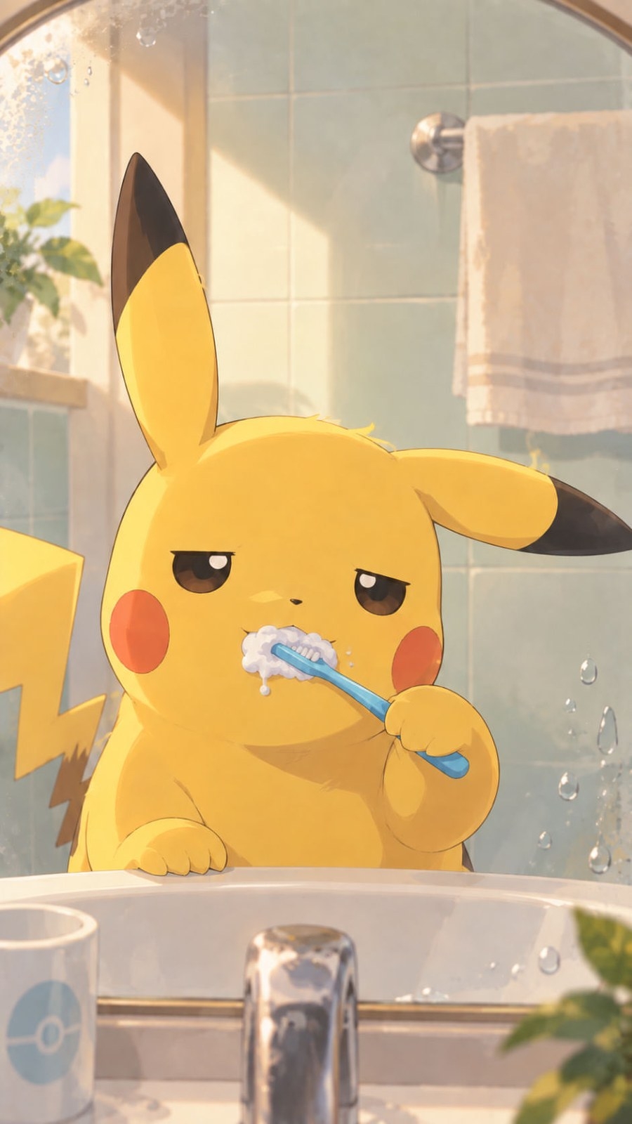 Pikachu putzt sich vor dem Badezimmerspiegel die Zähne mit Schaum am Mund