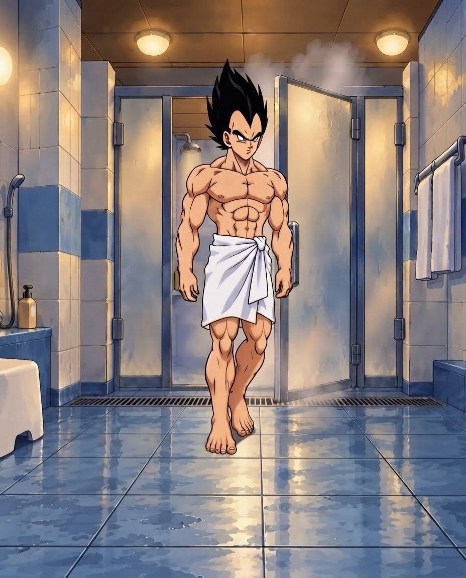 رجل أنمي عضلي بمنشفة بيضاء يخرج من الحمام