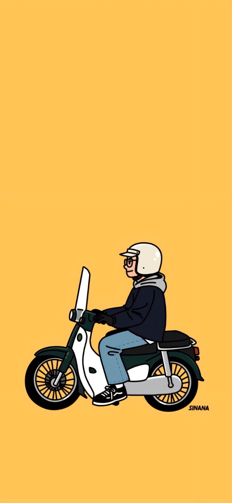 明黄背景のミニマルなイラストで、ライダーがヴィンテージカブ風バイクに横向きに座り左向き